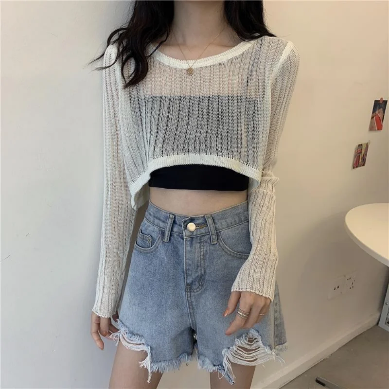

Knit Round Neck Long Sleeve Female T-Shirt White Transparent Ultra-Thin Sexy Loose Crop Top High Street Short Tops Women T Shirt