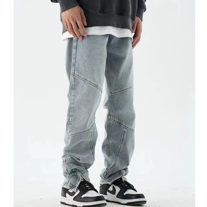 Streetwear Men American Style High Street Pants Leg Zipper Deconstructed Splicing Jeans New Versatile Casual Pants Autumn Female