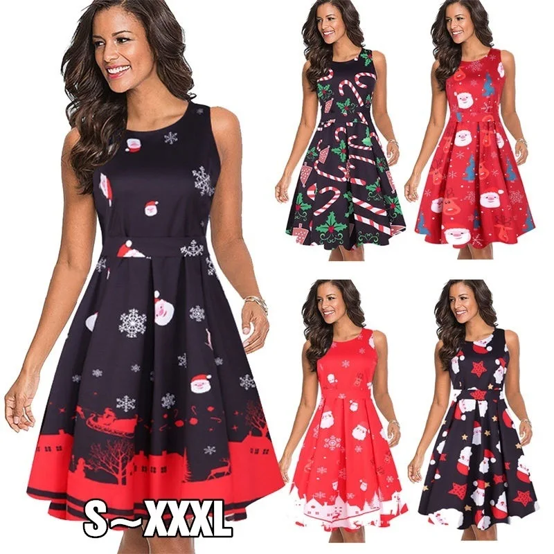

Women's 2022 summer new print stitching fashion round neck sleeveless Christmas A-line skirt dress women