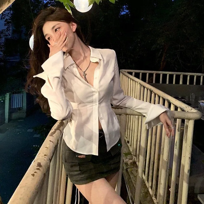 

White Bandage Shirts Sexy Long Sleeve Slim Waist Crop Tops Chemises Femme Y2k Elegant Camisas Women Streetwear Turn Down Collar