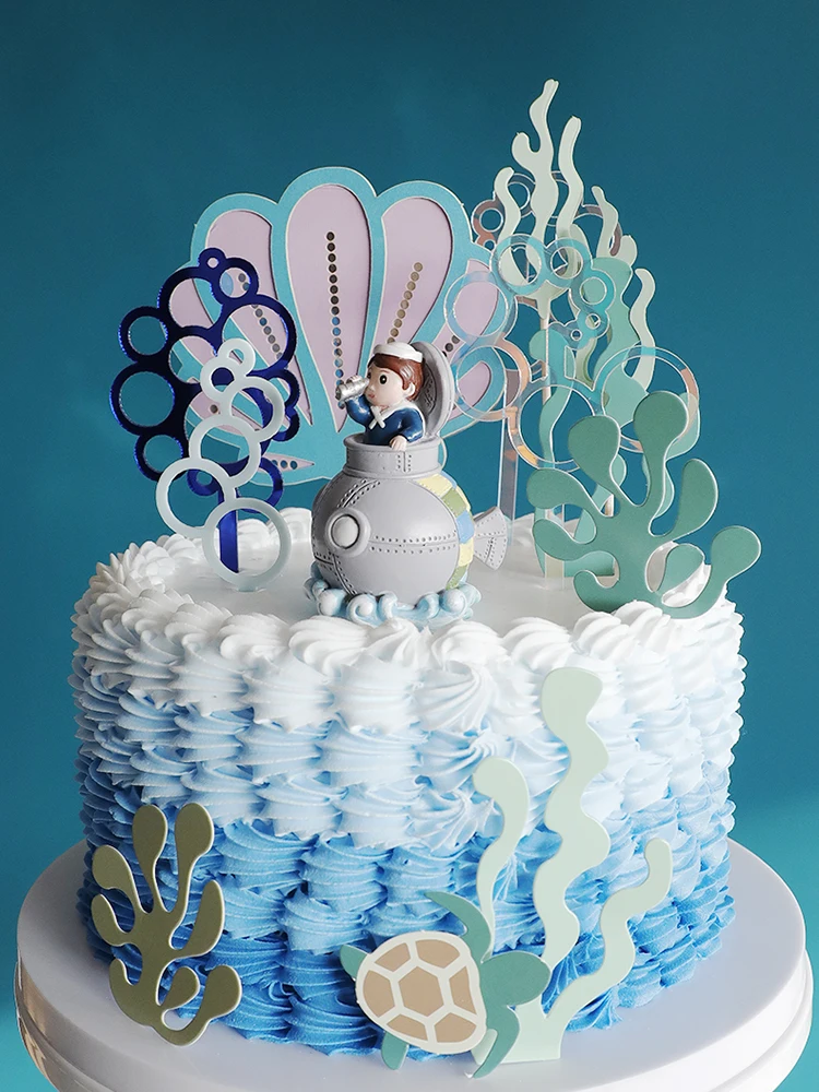 

Children's Birthday Cake Topper Sea World Theme Birthday Decoration Marine Animal Diver Mechanical Submarine Decor Card Dress Up