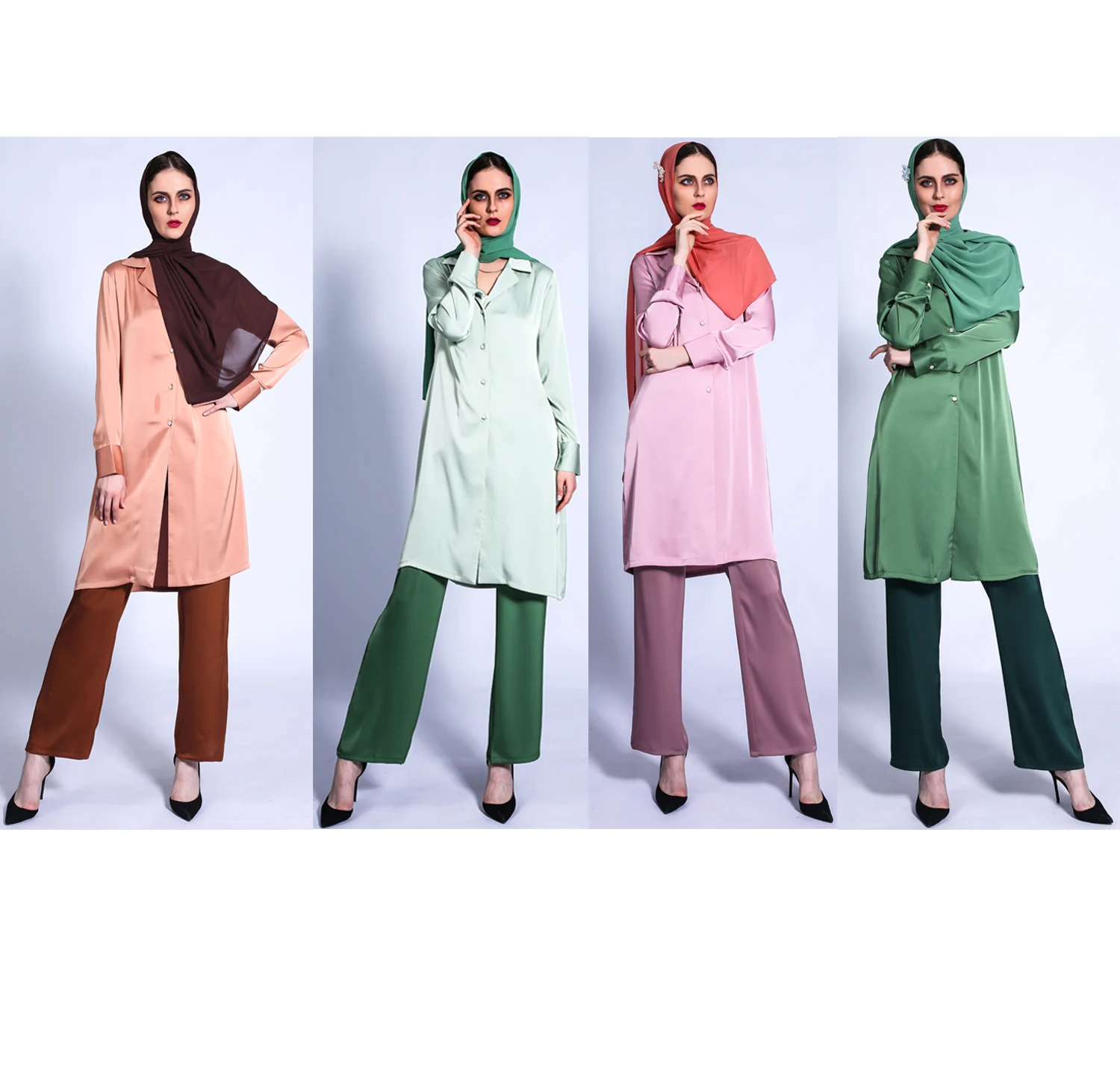 Muslim Women 2 Piece Set Casual Long Sleeve Tops Wide Leg Pants Trousers Suit Dubai Abaya Turkish Islamic Clothing