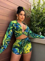 fashion printed multicolor long sleeve shirt shorts casual 2 piece set matching sets 2022 summer loose casual streetwear outfits