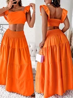 2022 spring summer women casual two piece dress solid color flutter sleeve shirred back crop top maxi skirt set