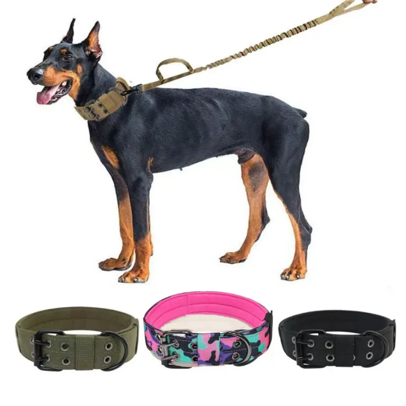 

New tactical nylon dog collar medium large adjustable dog strap double row buttonholes and D-ring pet training accessories