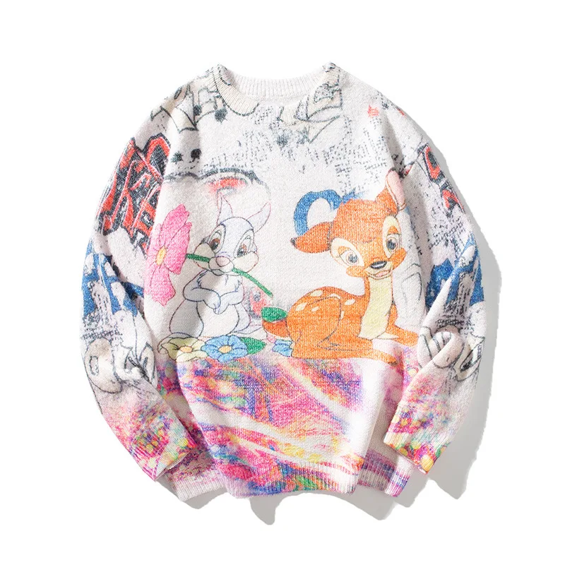 

Cartoon Anime Knit Sweaters Men's Yarn-dyed O Neck Sweater Male Ins Loose Lazy Casual Couple Wear Fashion Men Women Pullover Top