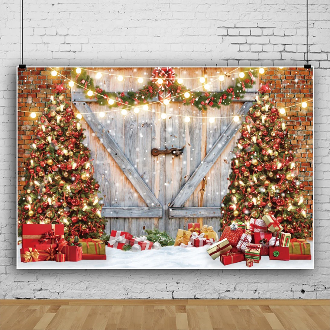 

Christmas Backdrop Winter Snow Gift Glitter Pine Tree Family Portrait Photography Background Brick Wall Decoration Backdrops
