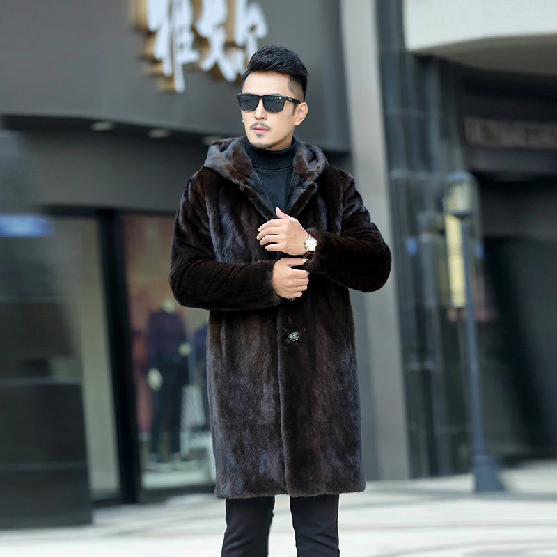 Мужское длинное меховое пальто зимняя теплая норковая куртка с капюшоном