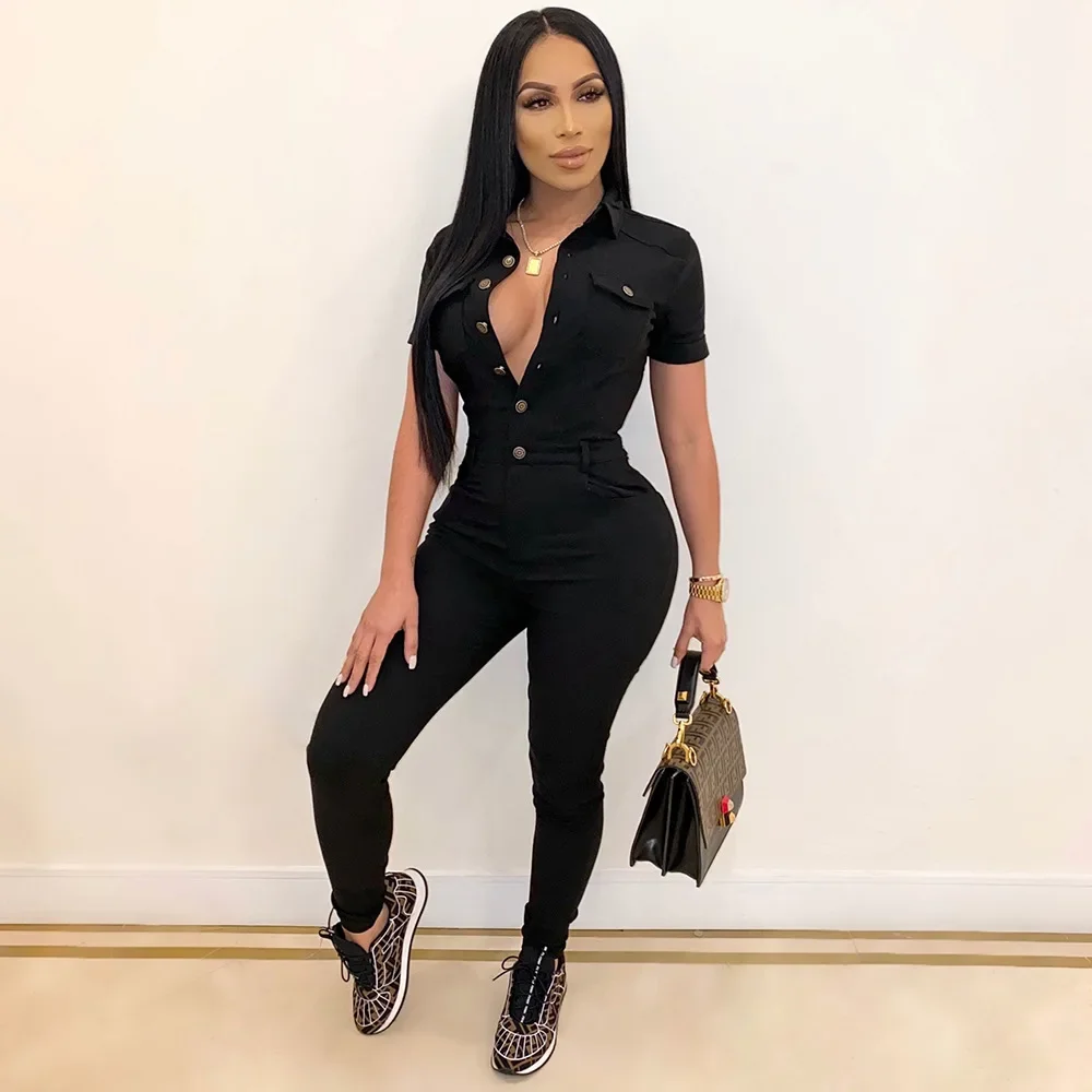 Женский однотонный комбинезон на пуговицах повседневный Облегающий для работы с