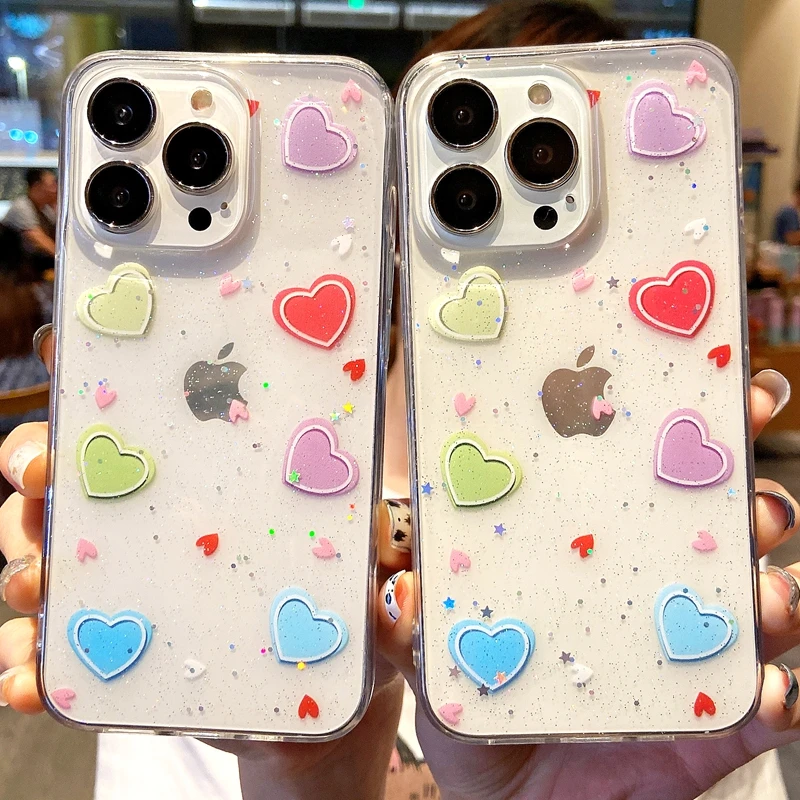 

Transparent Love Heart Glitter Phone Case For iphone 11 12 13 Pro Max XS X XR 7 8 Plus SE 2020 Soft Bumper Back Cover