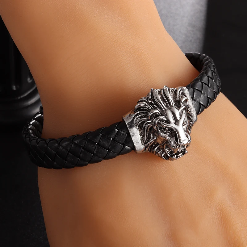

New Punk Design Gold Color Animal Leather Bracelet Men's Trend Domineering Lion Prairie King Bracelet Wristband Jewelry