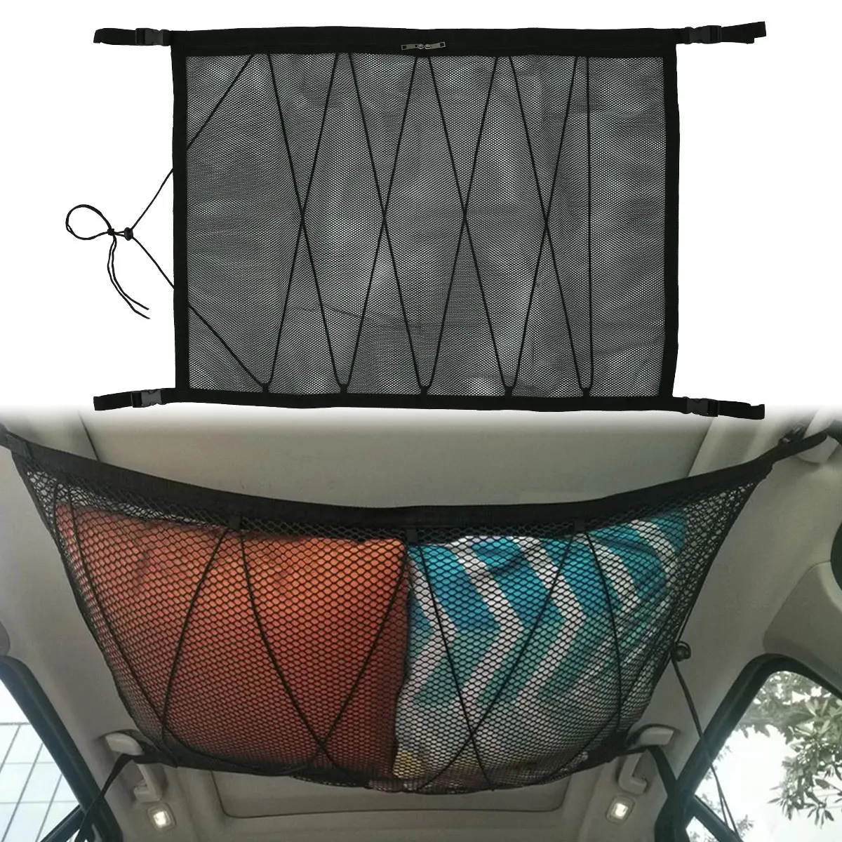 

Hot Car Ceiling Cargo Net Pocket Universal Interior Overhead Roof Top Bag Cargo Net with Drawstring 35.4 x 27.2 Inch Polyester