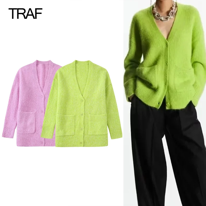 

TRAF 2 Colours Knit Cardigan Women Long Sleeve Sweater Cardigan Women Knitted Sweater Women 2022 Autumn V Neck Cardigan Female