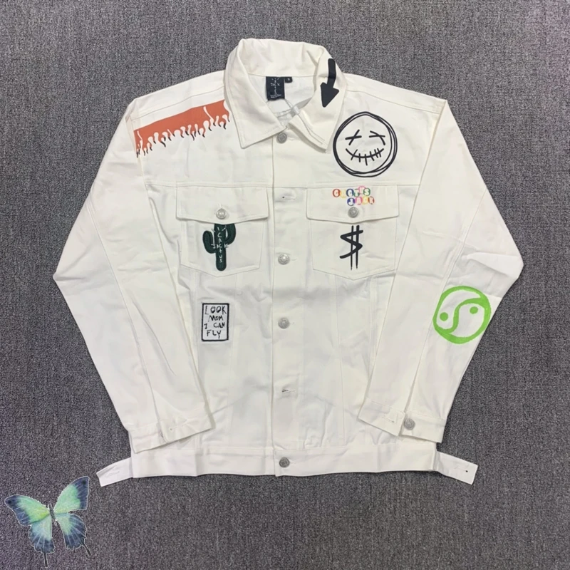 

Multi Logo Print Travis Scott Cactus Embroidered Denim Jacket Big Pocket Men Motocycle Jean Jacket