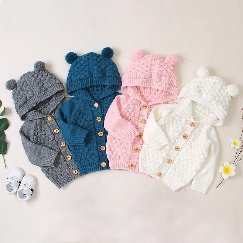 

Solid Color Baby Knitting Bodysuits For Infants Single-breasted Hooded Baby Accessories Autumn Winter Newborn One-piece Outfits