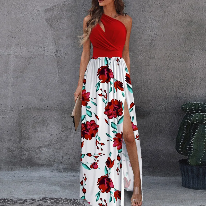 

Elegant One Shoulder Floral Print High Slit Party Dress Women Hollow Out Sleeveless Evening Maxi Dress Femme Prom Vestidos Robe