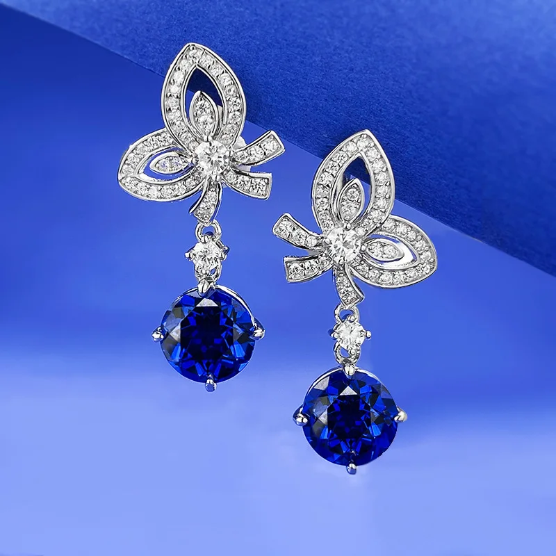 

Spring Qiaoer 100% 925 Sterling Silver Round Cut 8MM Lab Sapphire Gemstone Bowknot Dangle Earrings Wedding Jewelry Gifts