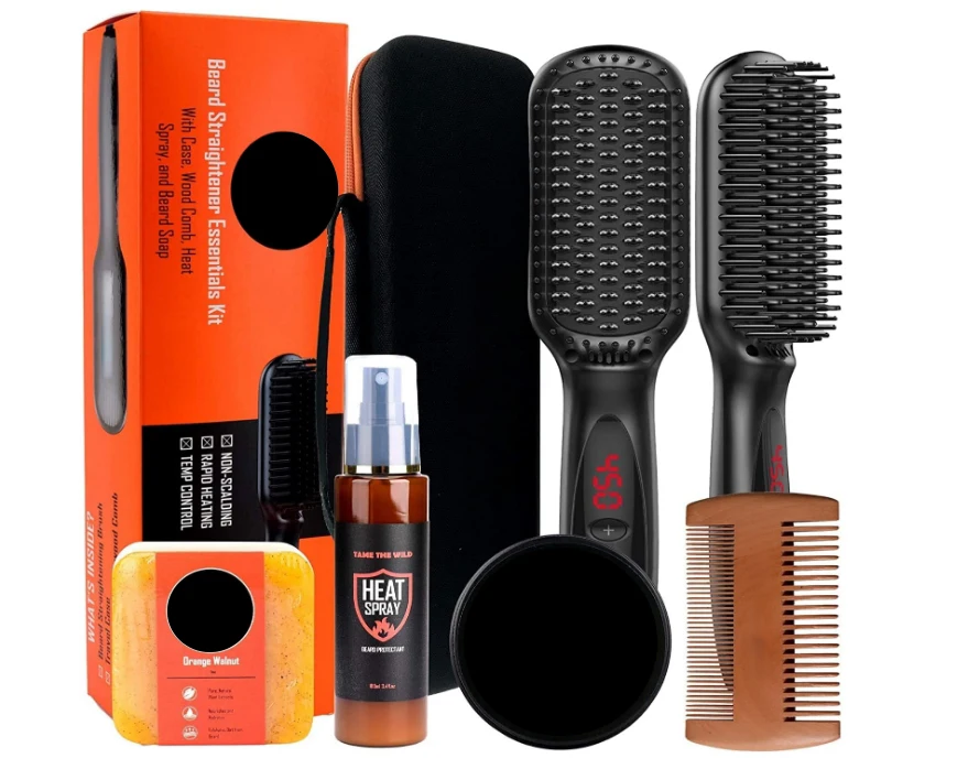 

Men's Beard Straightener Kit - Beard grooming kit with heat protector spray, beard soap, beard balm, comb and travel case