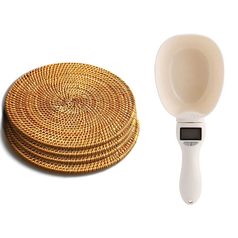 

HOT Hand Woven Rattan Pot Mat Brown & Pet Food Measuring Scoop Dog Food Measuring Cup