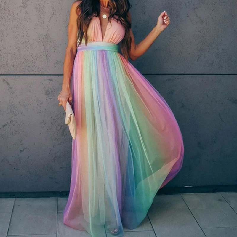 

Rainbown Tulle Maternity Maxi Gowns Dresses for Photography Sexy Spaghetti Strap Pregnancy Clothes Pregnant Dress for BabyShower