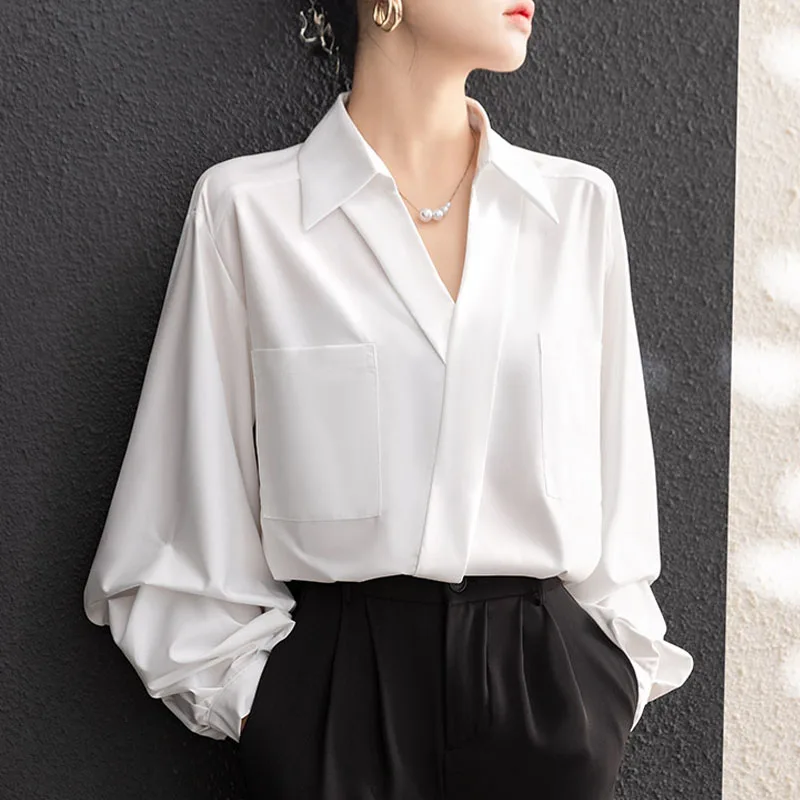 Модная женская блузка с отложным воротником белая длинным рукавом рубашка