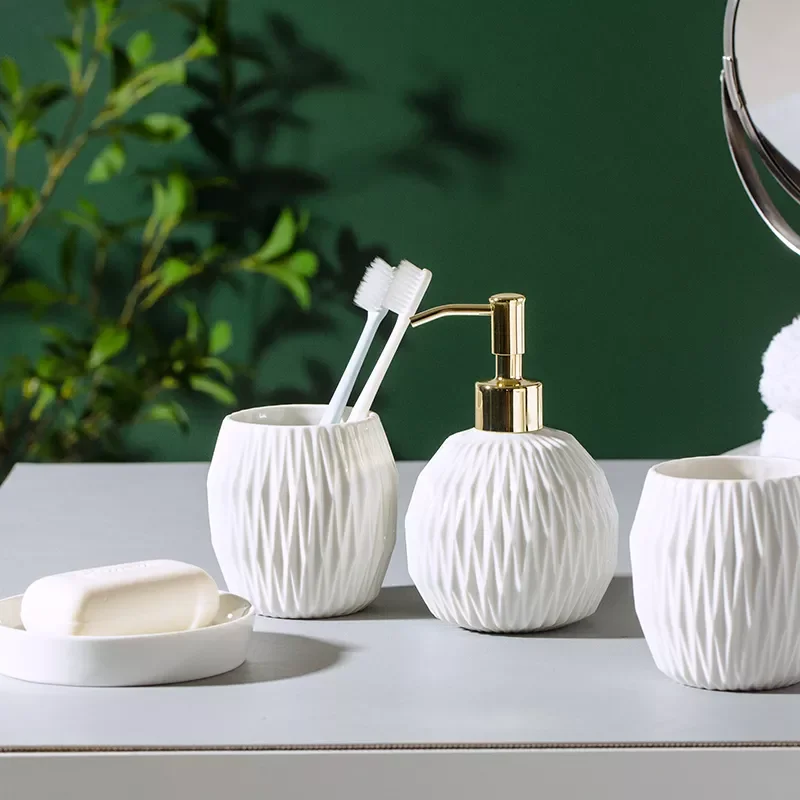 

Nordic Bathroom, Dark Green Ceramic Embossed Diamond Shape, Soap Dispenser, Soap Dish, Mouthwash Cup, Bathroom Supplies, Set