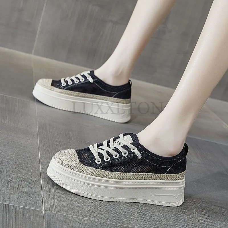 Ladies Lace Mesh Casual Shoes Autumn Fashion Thick Sole Women's Sneakers New Comfortable Color-blocking Female Vulcanized Shoe