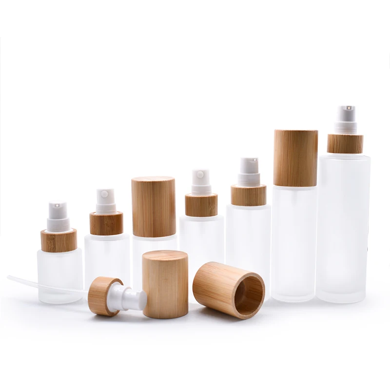 

5Pcs 20ml 30ml 40ml 60ml 80ml 100ml 120ml Empty Frosted Flat Fine Mist Perfume Alcohol Spray Glass Bottle with Natural BambooCap