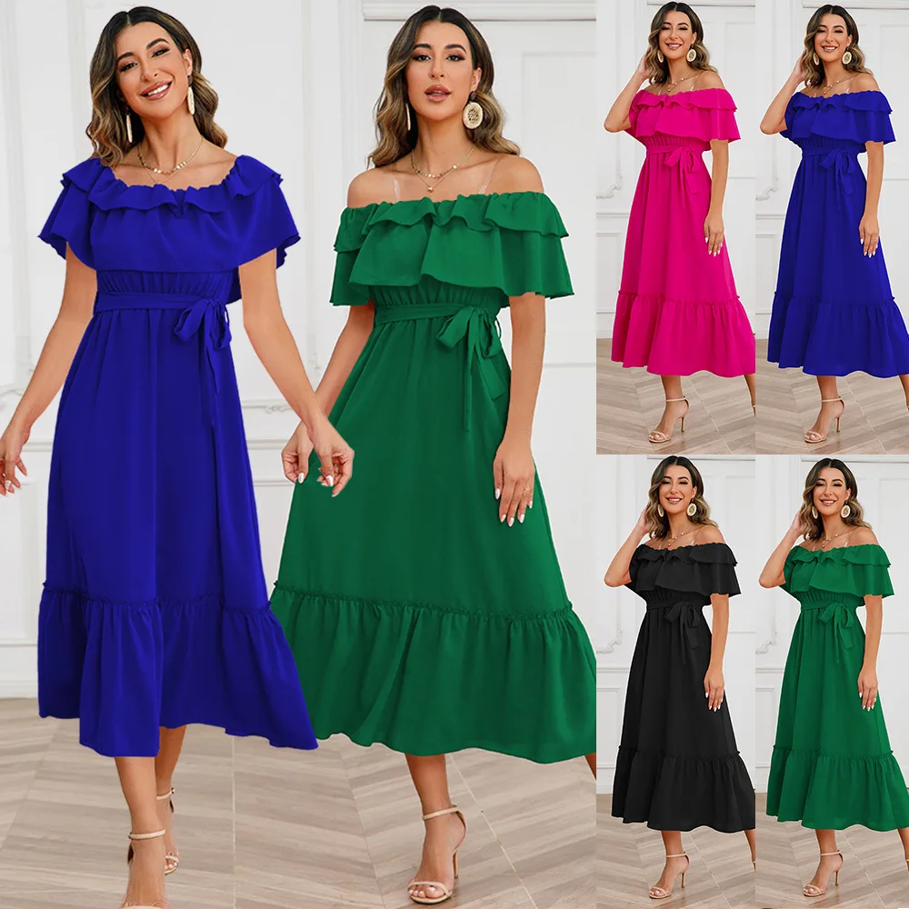 

Women One-line Neckline Off-the-shoulder Mid-length Dress Women Party Beach Dress Evening Dress
