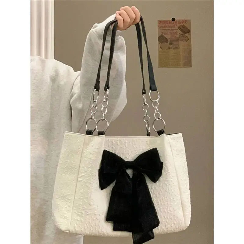 

Korean version handbag for women 2023 new niche bowknot tote bag summer large capacity canvas bag cute single