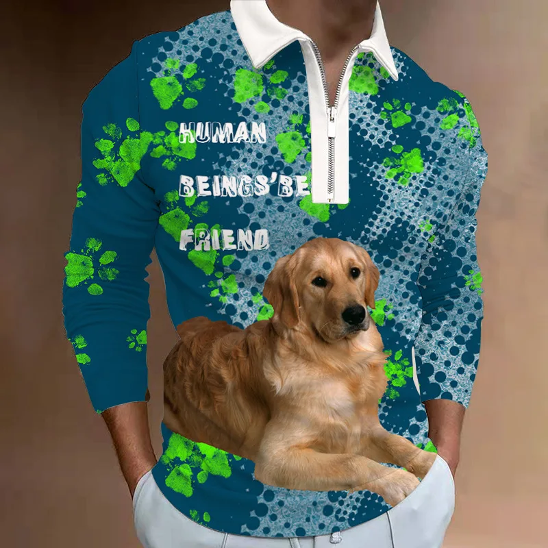 

S-5XL Men's Casual Autumn Long Sleeve Polo Shirts Men Male Zip Tee Shirt Cat Dog Men Tops Street Golf Clothing Clothes For Men