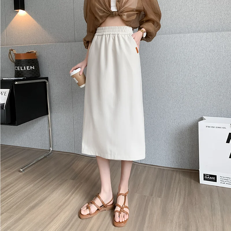 

Skirts Women Mid College A-line Back split skirt High Waist Korean Style OL Streetwear Chic Female Loose pocket Mid-length skirt