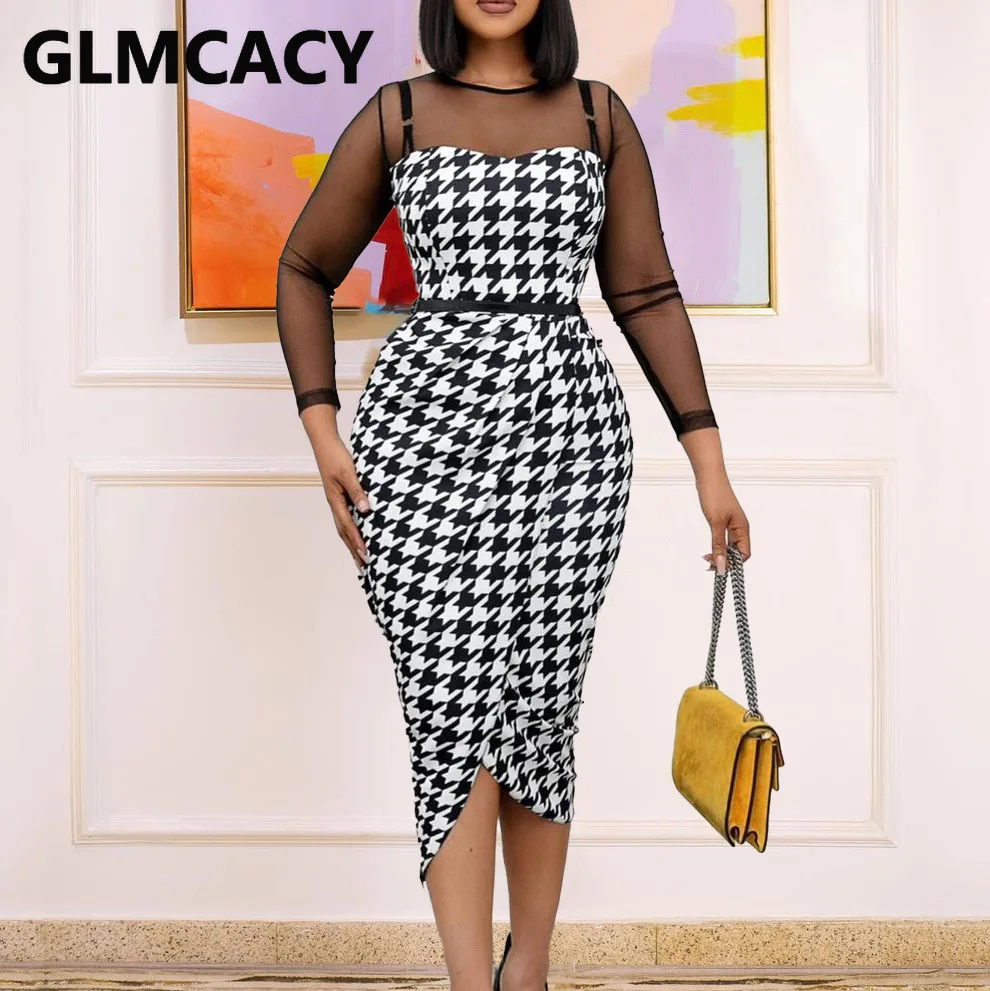 

Женское облегающее платье средней длины с длинным рукавом и сетчатой вставкой «гусиные лапки», элегантное вечернее платье