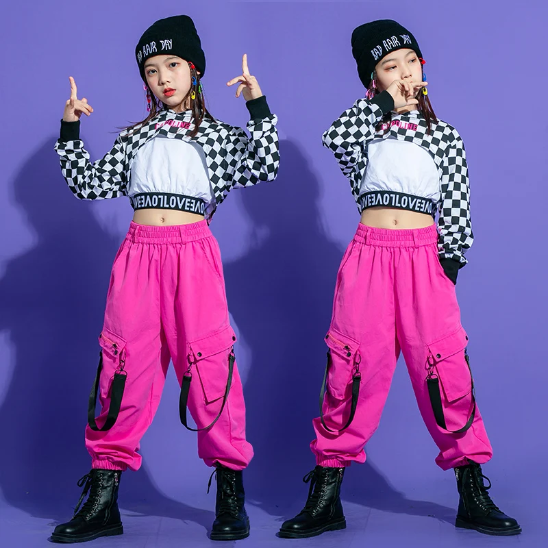 2021 New Jazz Dance Costumes Plaid Crop Tops Pink Hiphop Pants Street Outfits Ballroom Hip Hop Rave Clothes 110-180 |