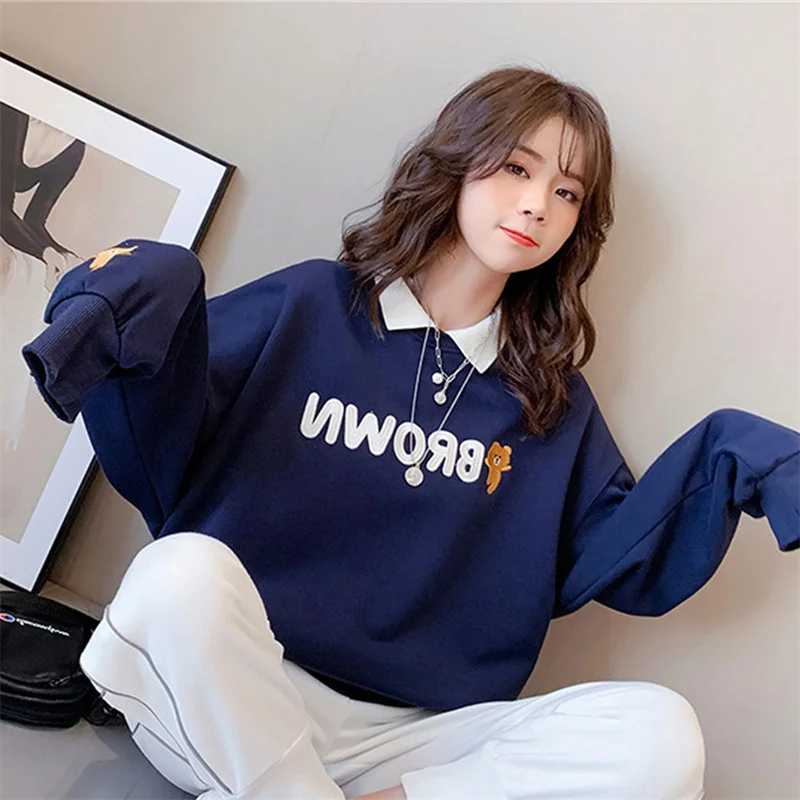 

Women Sweatshirts Autumn Casual Letter Bear Embroidery Polo Collar Harajuku Pullover