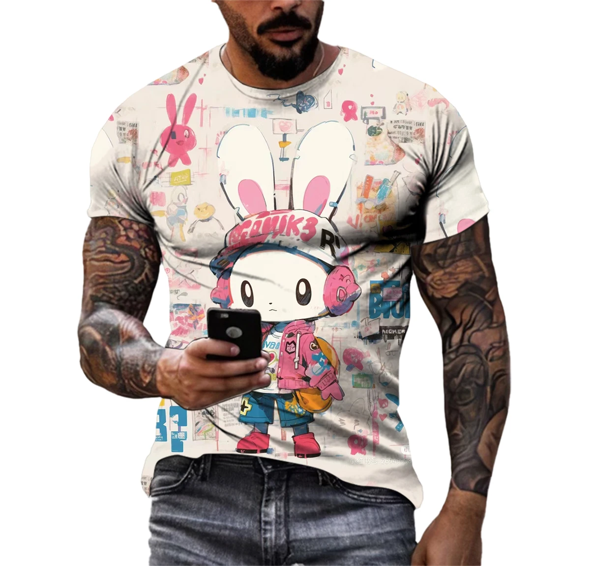 Summer Fashion Leisure Graffiti Rabbit Graphic T-shirt For Men New Trend Personality Hip Hop 3D Printed Round Neck Short Sleeve