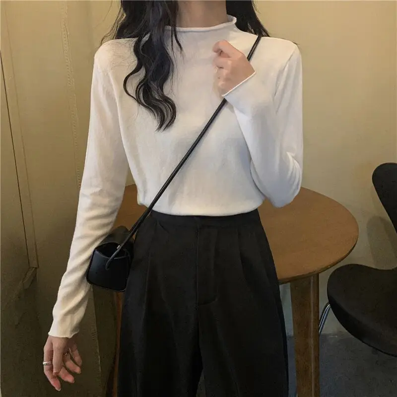 

Spring and Autumn Thin Knit Sweater Women's Inner Wear Korean Style Half High Neck All-match Slim Top Bottoming Shirt Pink S253