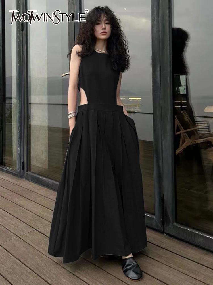 

TWOTWINSTYLE 2023 летние платья для женщин с круглым вырезом без рукавов с высокой талией со складками однотонное корейское платье женская мода