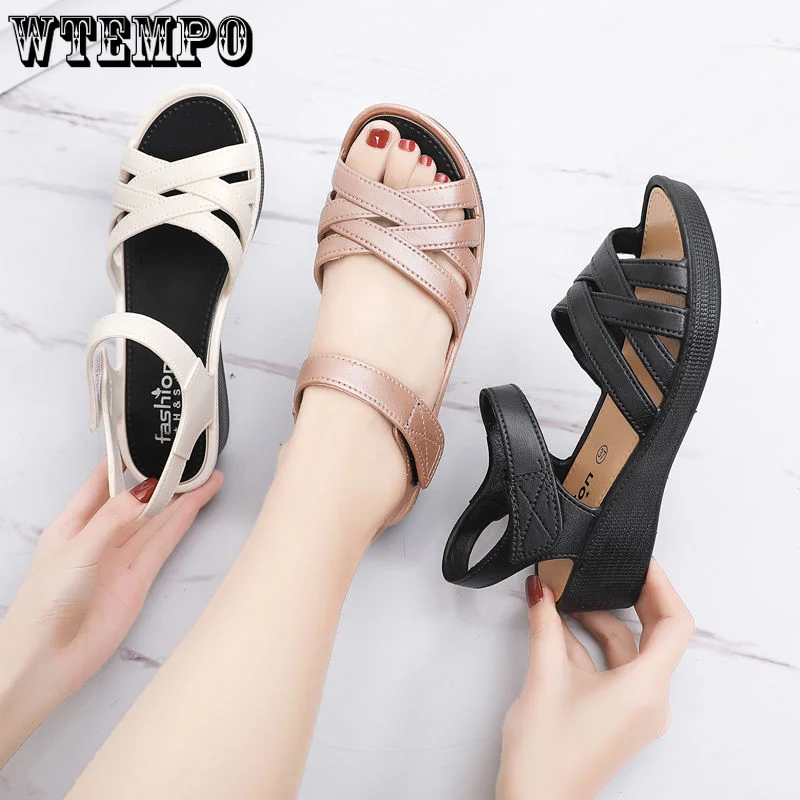WTEMPO Summer Mother Leather Sandals Soft Soled Style Woman Sandals Casual Comfortable Grandmother Flat Sandals Wholesale