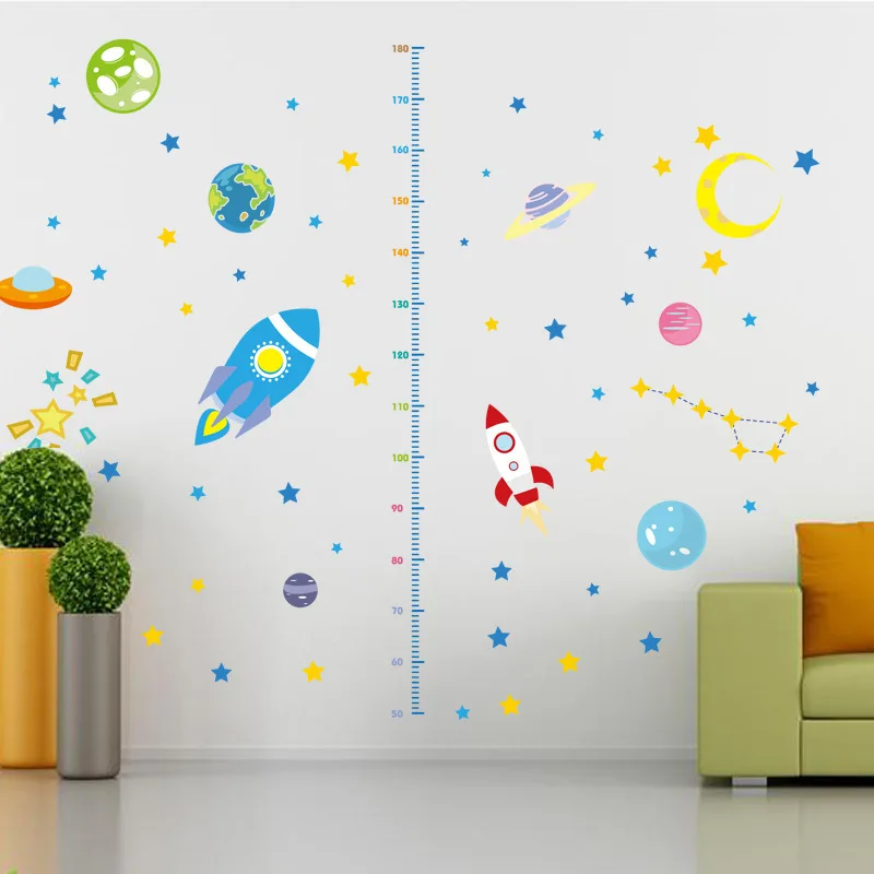 

Cartoon Rocket Height Measure Wall Sticker Moon Stars for Kids Rooms Height Chart Ruler Home Decoration Decals Wall Art Stickers