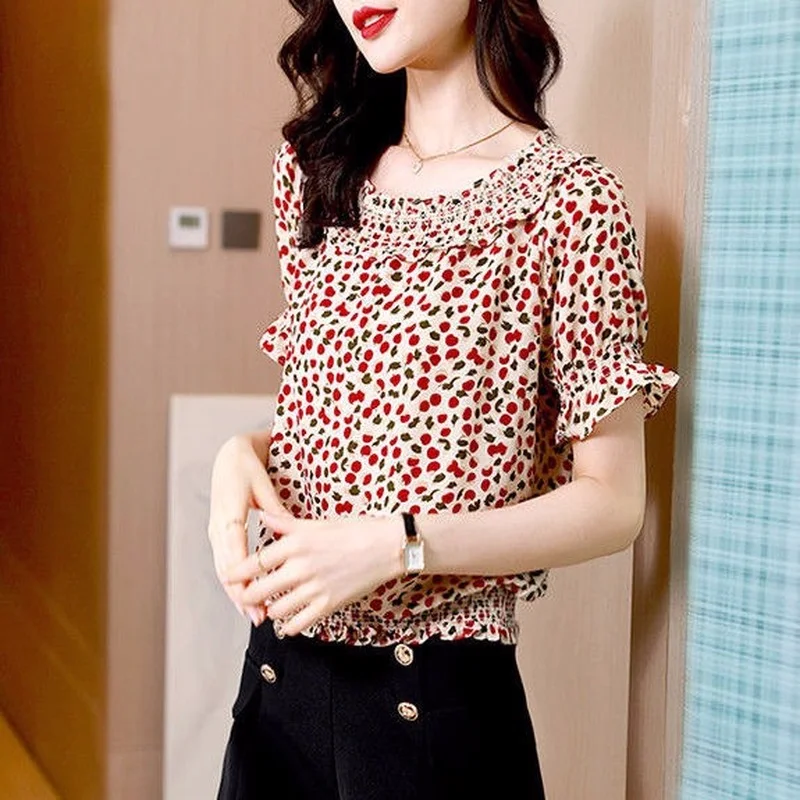 

Chiffon shirt female belly loose sweet super fairy fashion French fashion female printed unique beautiful foreign shirt female