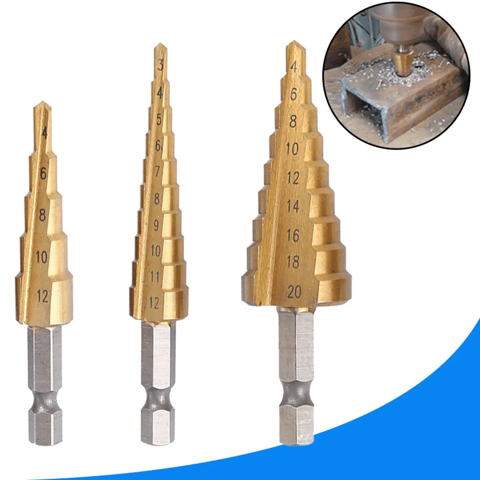 

Step Drill Bit Drilling Titanium Coated Straight Groove Cutter Portable Tool Set for Industrial Wood Plastic Woodwork Metal