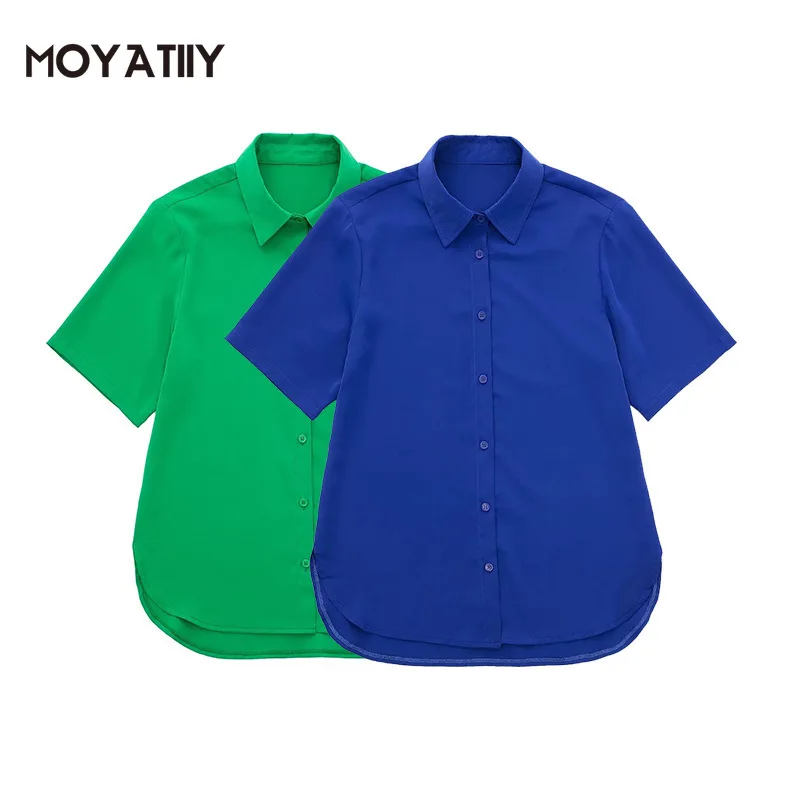 

MOYATIIY Women 2022 Fashion Summer Satin Shirts Casual Asymmetrical Design Loose T-shirt Short Sleeve Female Tops