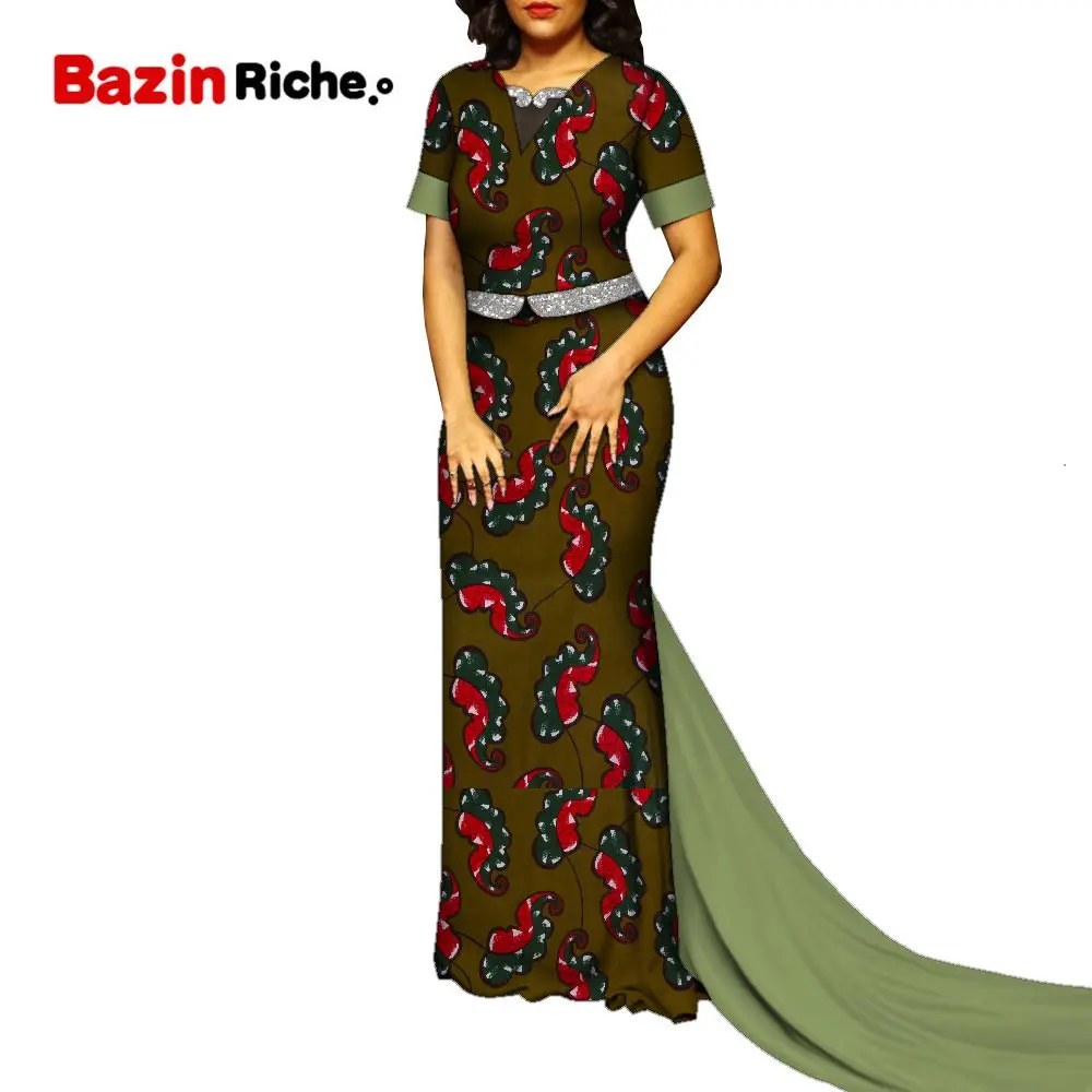 African Print Dresses Women Dashiki Plus Size Pleated Long Tail Dress Party Robe Africaine Femme Clothes African Dress WY10151