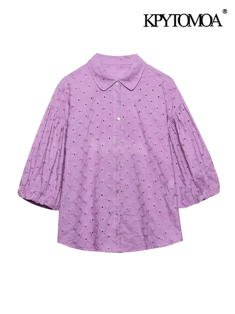 

KPYTOMOA Women Fashion Cutwork Embroidery Loose Shirts Vintage Lantern Sleeve Button-up Female Blouses Blusas Chic Tops