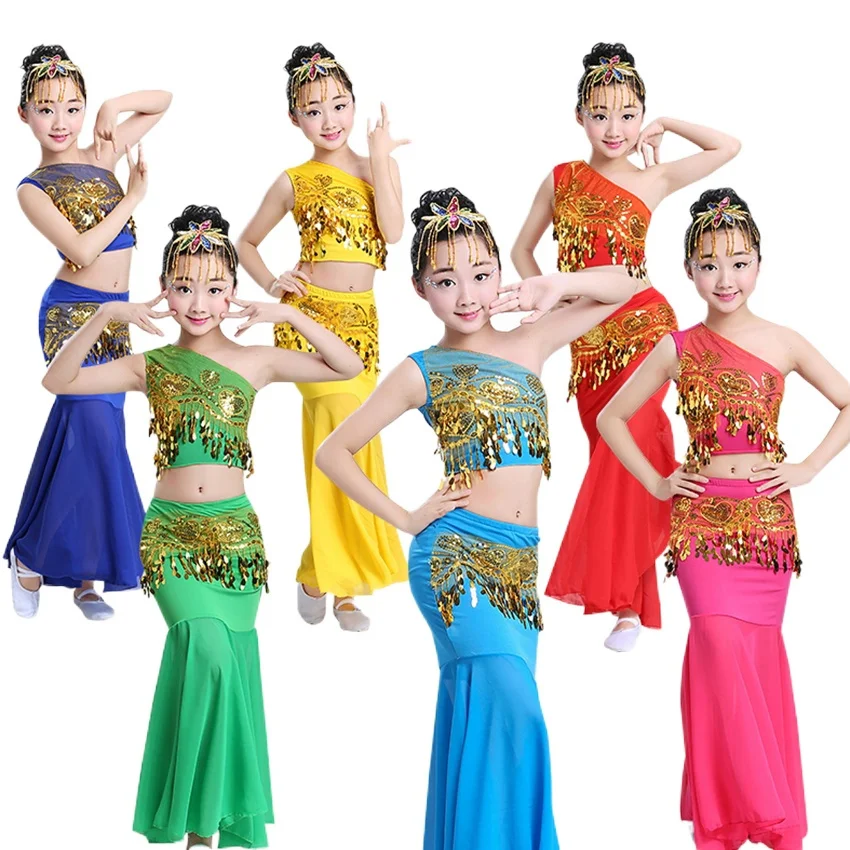 

Belly Dance Children's Day Women Shoulder Off Girl Cosplay Stage Sequin Oriental Costumes for Kids Skirts Tail Fish