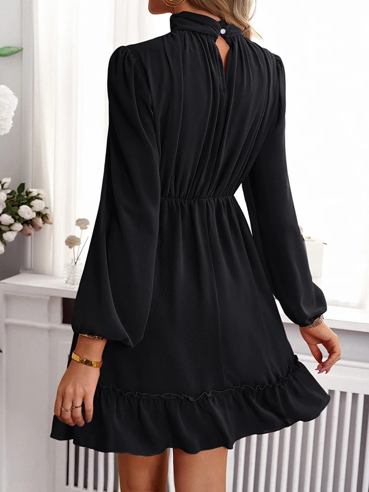 Элегантное платье во французском стиле женское осеннее с высоким воротником и