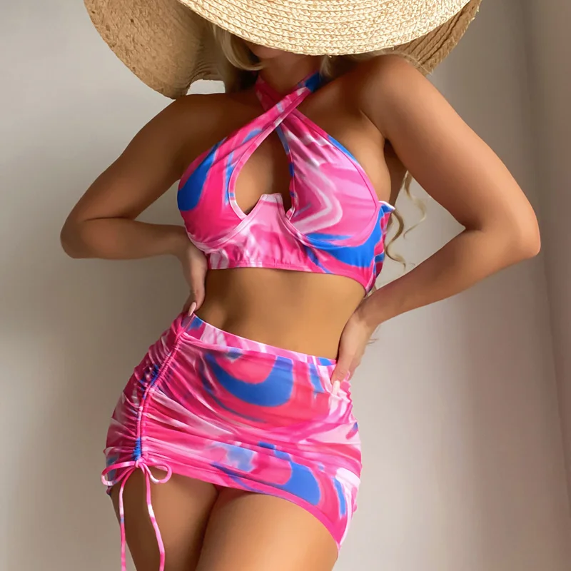 

Women Three Piece Swimsuit Unique Rotating Print Sleeveless Halter Bra Thong Drawstring Skirt