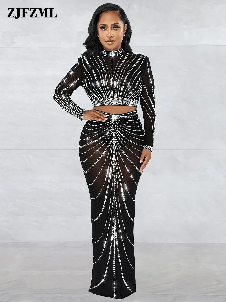 

Sheer Mesh Hot Drilling Two Piece Dress Suits Elegant Fashion Women Long Sleeve Crop Tops and Cocktail Mermaid Maxi Skirt Outfit