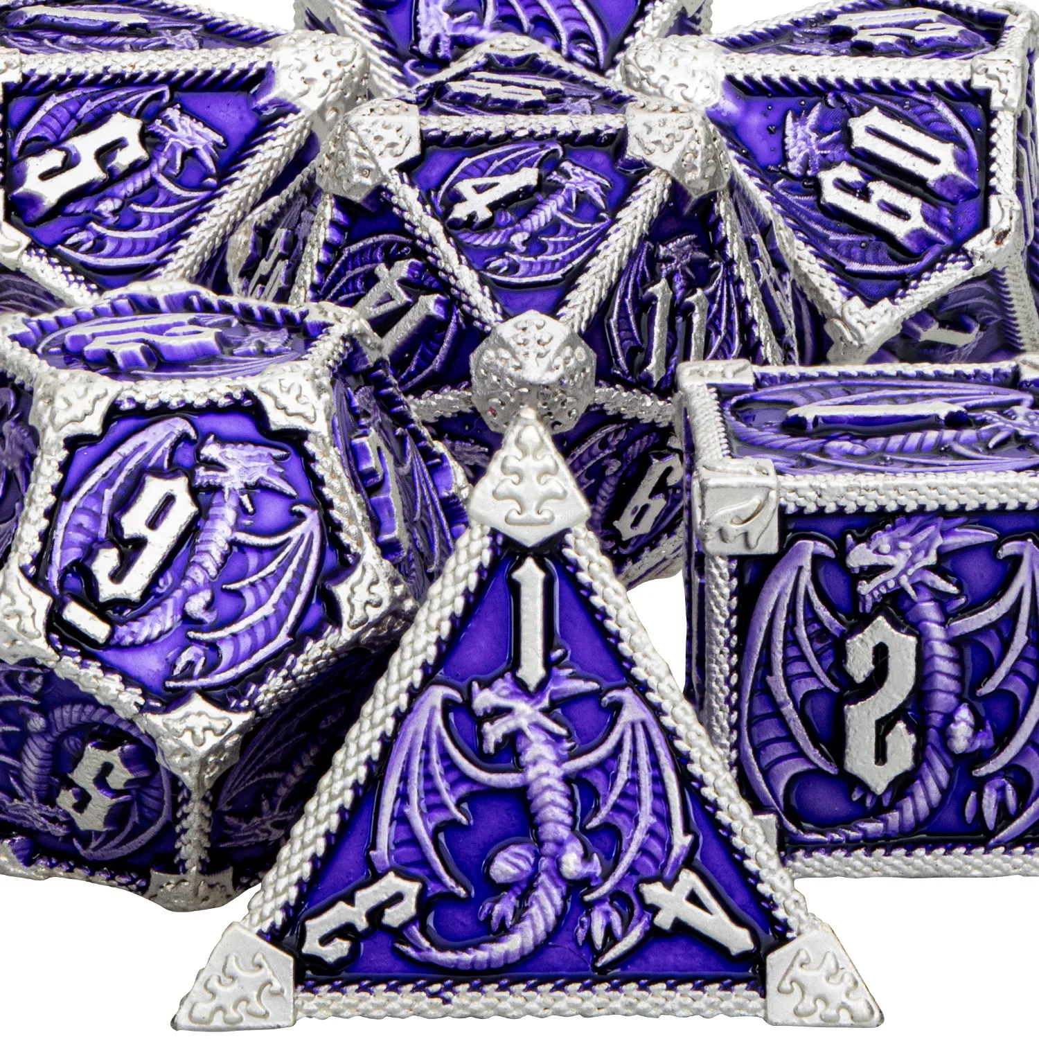 

New Purple DND Metal Polyhedral Dragon Dice Set For Dungeon and Dragon Pathfinder Role Playing D20 D12 D10 D% D8 D6 D4 Dice Set
